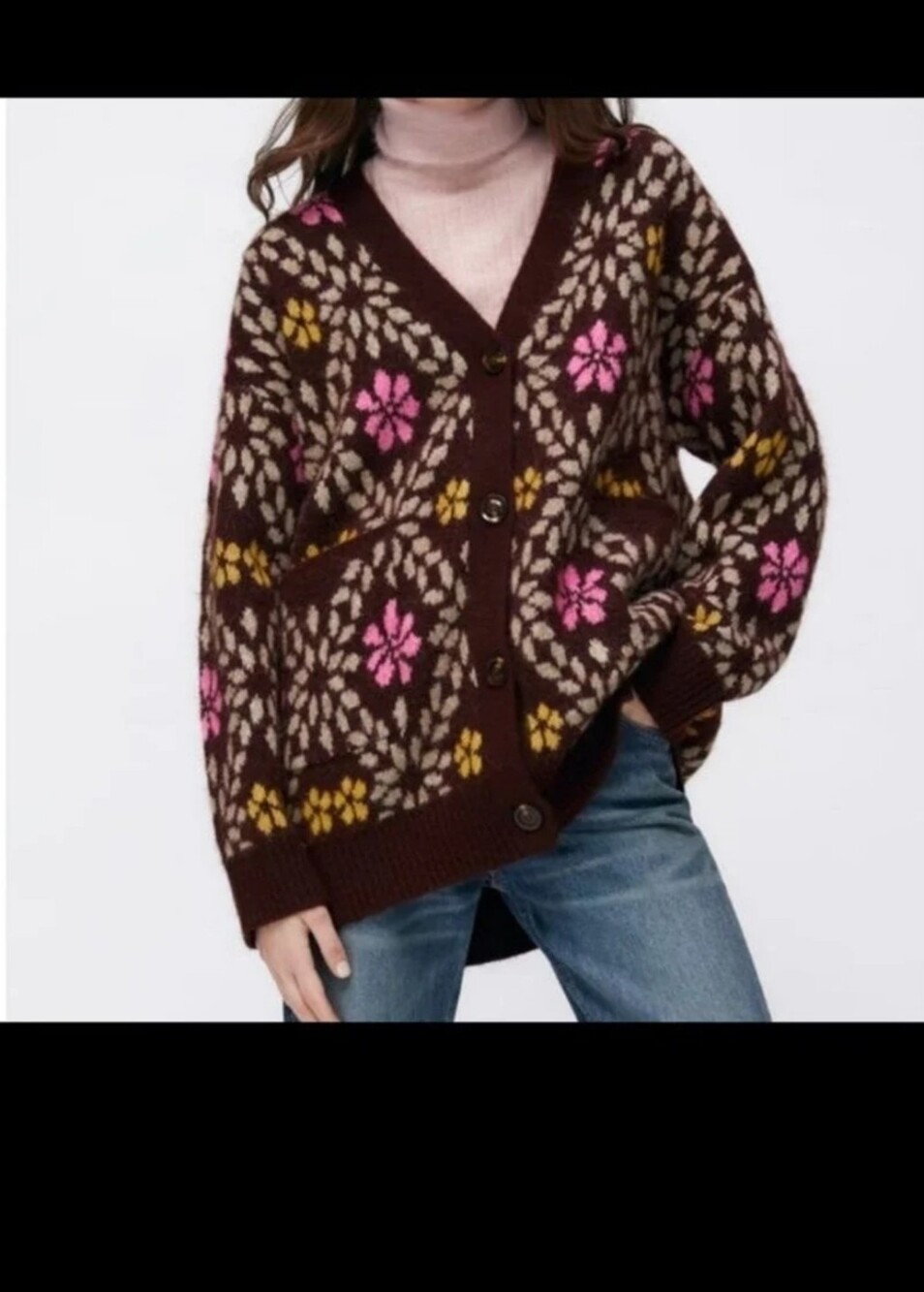 Zara Brown Floral Patterned V-Neck Cardigan Sweater Oversized